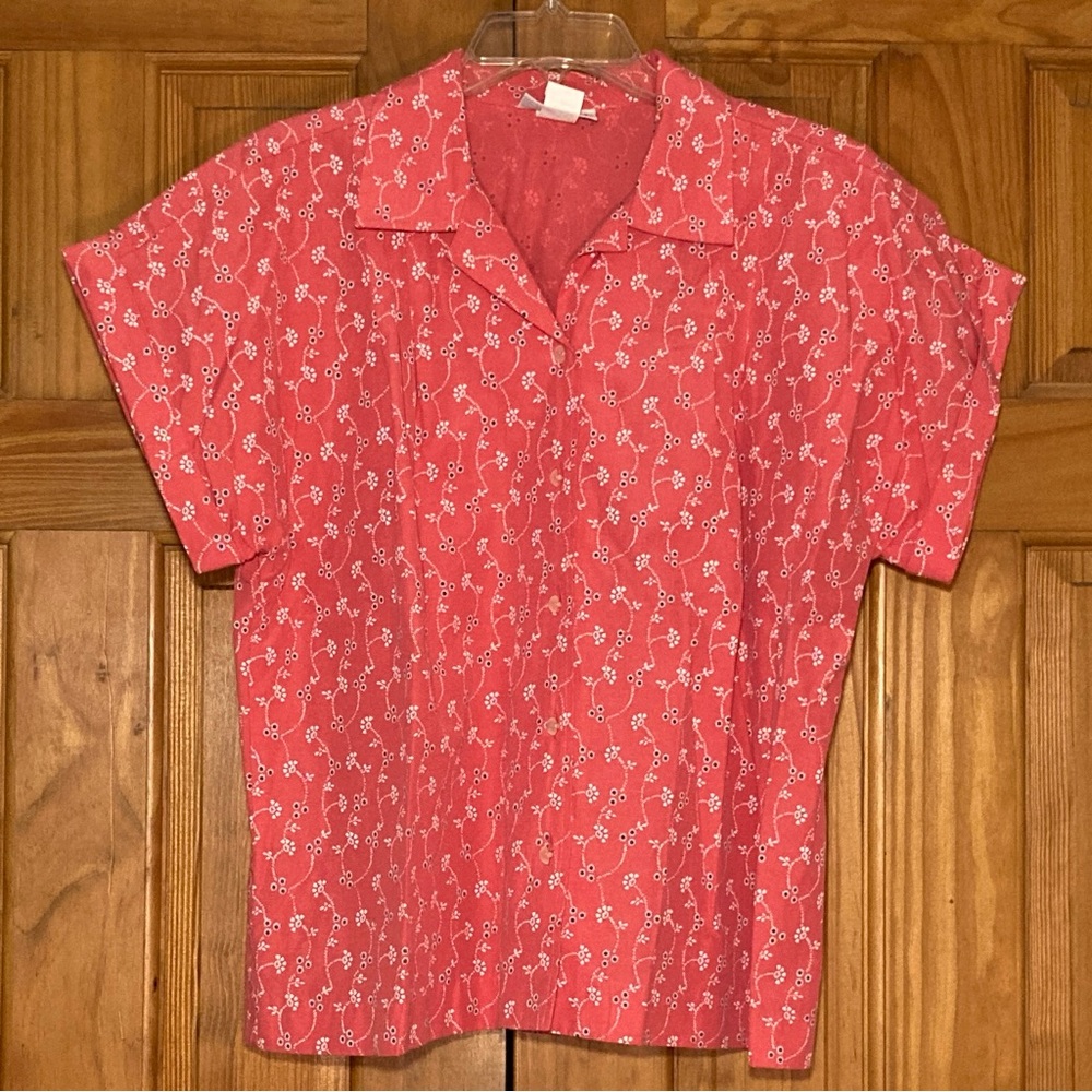 EUC Blair Vintage 90s Top Short Sleeve Blouse Pink White Size L Large